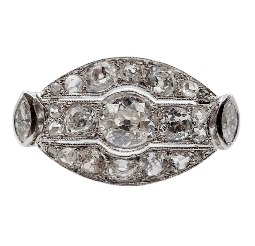 Bague marquise inversée Art déco en or 18K et diamants taille ancienne