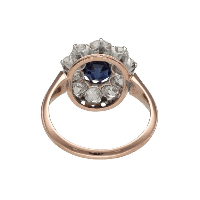 Bague entourage en or rose 18K et platine avec saphir et diamants – Vers 1930