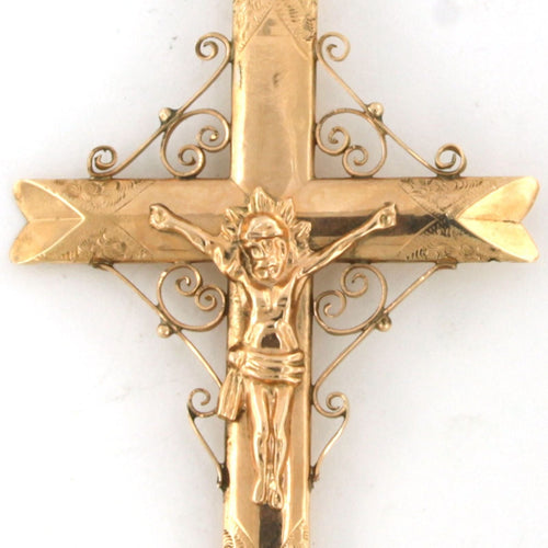 Pendentif Pendentif en or rose du début de l'époque victorienne, en forme de croix avec Jésus 58 Facettes