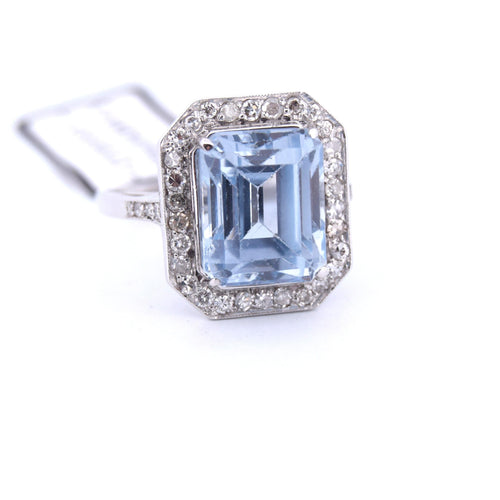 Bague 55 BAGUE EN OR BLANC 18 KT - AIGUE-MARINE ET DIAMANTS - ART DÉCO' 58 Facettes