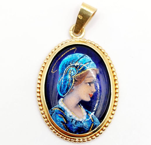 Pendentif Pendentif style Art Nouveau or jaune, plaque émaillée jeune fille, vintage 58 Facettes A05197