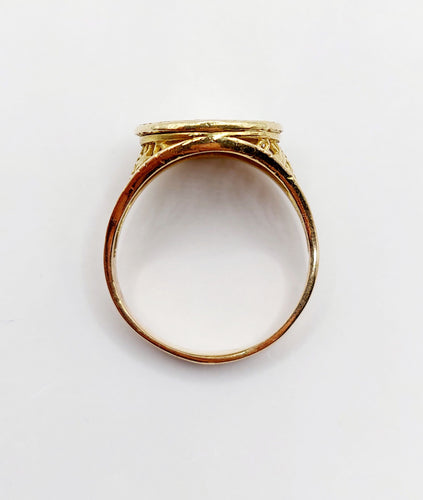 Bague médaille amour or 18k  AUGIS "+ qu'hier - que demain" couronne de lauriers ornée de rubis et de diamant (circa 1958)