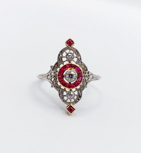 Bague 51 Bague - Bague marquise Art déco en platine et diamants, rubis synthétiques 58 Facettes A06548