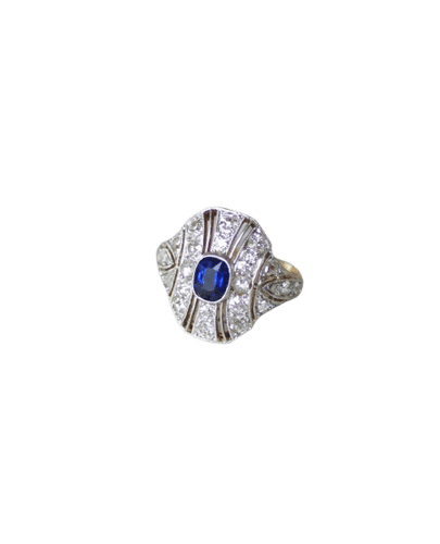 Bague 51 Bague Dôme Art Déco Or et Platine, Saphir et Diamants 58 Facettes