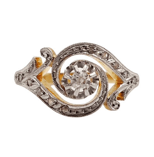 Bague 56 Bague tourbillon antique en or 18k et platine, diamant taille ancienne et diamants roses 58 Facettes A06434