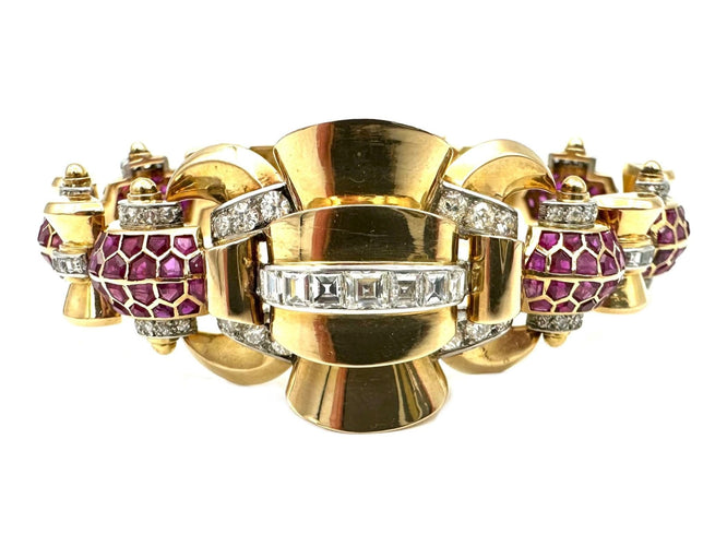 Bracelet Bracelet Art-Déco or jaune, platine, rubis et diamants 58 Facettes