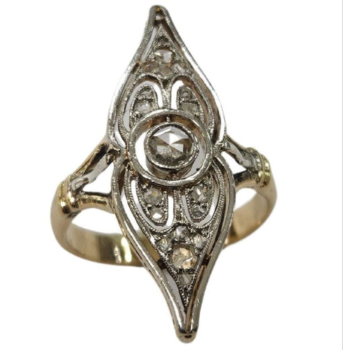 Bague 51 Bague navette Art déco diamants taille rose et hollandaise en or jaune et platine 58 Facettes E43