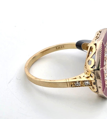 Bague 55 Bague en or jaune 18 carats avec diamant central, diamants d'accompagnement et émail 58 Facettes