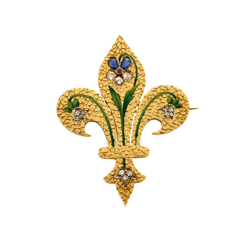 Broche Broche fleur de Lys, or jaune, émail, diamants, saphir et rubis 58 Facettes LIS1811