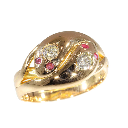 Bague 53 Bague double serpent de l'époque victorienne : un symbole d'éternité avec diamants et rubis 58 Facettes 24292-0131