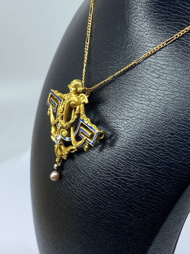 Broche Broche en or jaune 18 carats, ange, émail, diamants et perle. 58 Facettes AB557