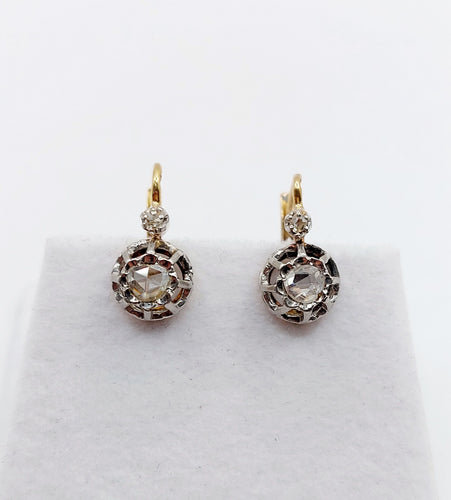 Boucles d'oreilles Dormeuses anciennes en or 18k et diamants taille rose (circa 1890) 58 Facettes A06468
