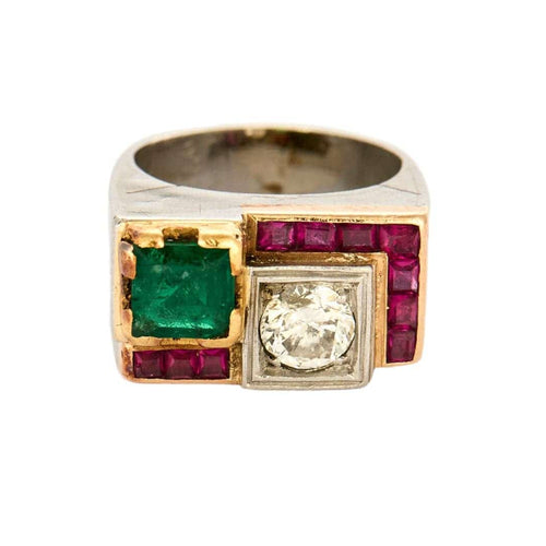 Bague 47.5 Bague Tank platine, or jaune, rubis, émeraude et diamants 58 Facettes 250212