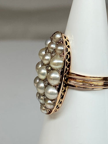 Bague marquise perles fines, diamants