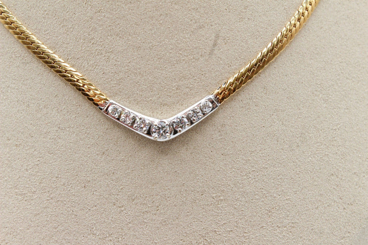 Collier maille anglaise or jaune, diamants