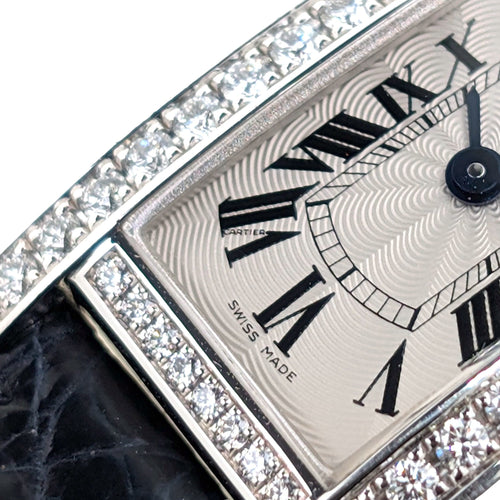 Montre Cartier RARE Cartier Mini Tank Americaine White Gold Bezel Factory Paved 47 diamonds Flinqué Guilloché Dial + 18k White Gold Buckle + Box 58 Facettes