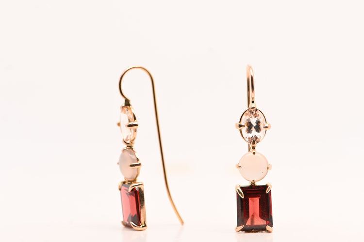 Boucles d'oreilles Earrings Morganite, Agate Grise And Grenat Rose Gold 18 Carats 58 Facettes
