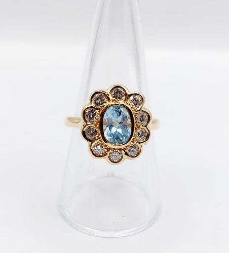 Bague marguerite vintage en or 18k et spinelle bleu, diamants