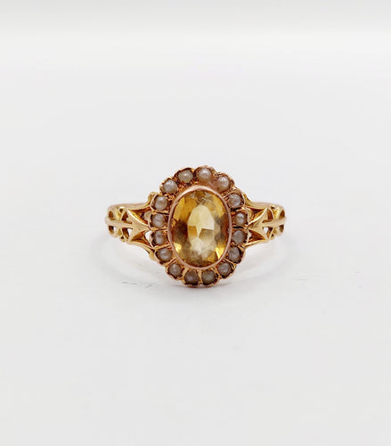 Bague marguerite antique citrine et perles en or rose 18k (circa 1900)