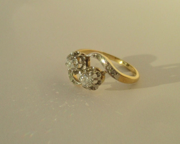 Bague 51.5 Bague Toi et Moi ancienne en or jaune 18k et platine, diamants 58 Facettes