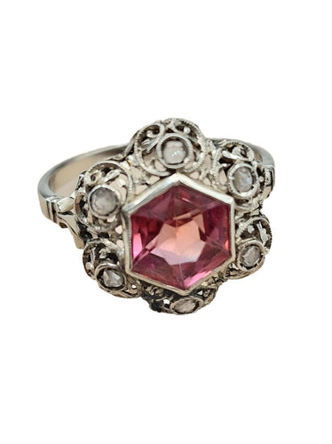 Bague 56.5 Bague ancienne en or, argent, diamants et saphir rose 58 Facettes