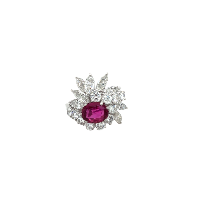 Bague Cocktail années 70 or blanc rubis diamants