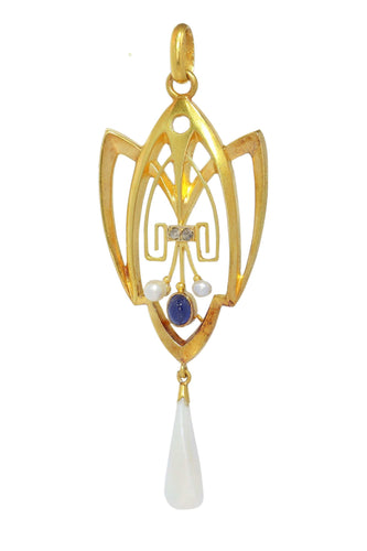 Pendentif Coup de fouet romantique : pendentif Art nouveau avec diamants, saphir et perle rare 58 Facettes 24292-0258