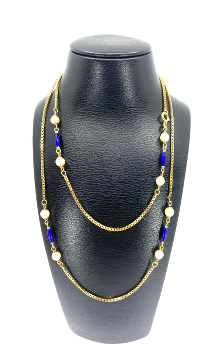 Collier Collier chaine or jaune perles et émail bleu 58 Facettes AB377