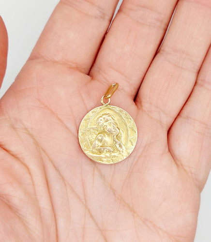 Pendentif Médaille antique or rose 18k angelot (circa 1924) 58 Facettes A06135