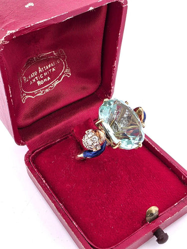 Bague 50 Bague vintage des années 1940/50 en or jaune massif, ornée d'aigue-marine, de diamants et d'émail. 58 Facettes