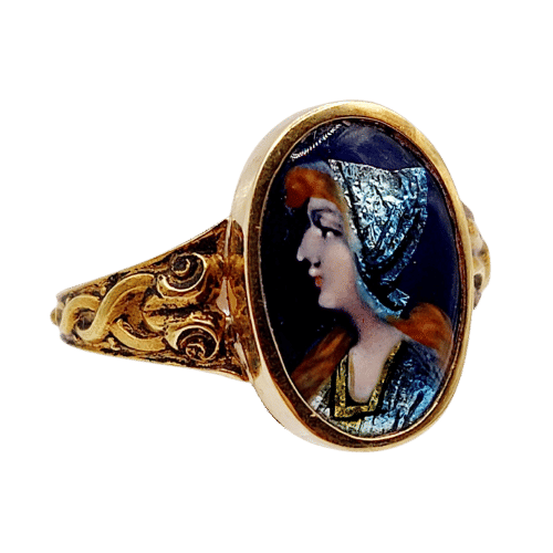 Bague 56.5 Bague Art nouveau Limoges en or 18k, plaque émaillée profil féminin circa 1910 58 Facettes A06400