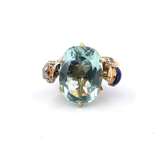 Bague 50 Bague vintage des années 1940/50 en or jaune massif, ornée d'aigue-marine, de diamants et d'émail. 58 Facettes