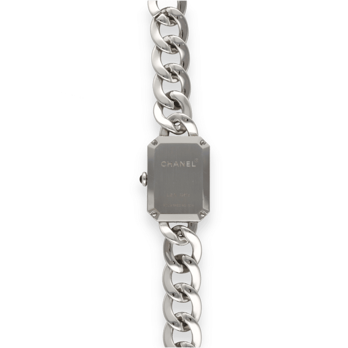 Collier Montre Chanel Première chaine gourmette en acier et diamants. Ref H7021 de 2020. Prix neuf : 7900€. Full set 58 Facettes