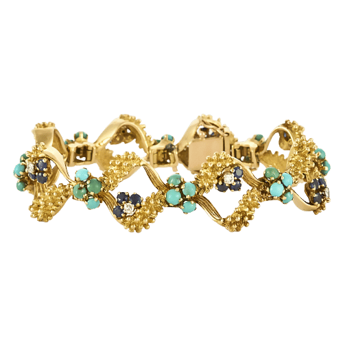 Bracelet Bracelet en or jaune, turquoises, saphirs et diamants 58 Facettes BIA1187