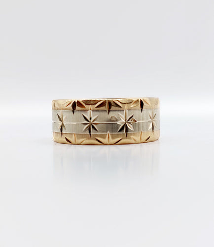 Bague 56 Large bague jonc alliance or rose et gris ciselée de motifs étoilés 58 Facettes A05173