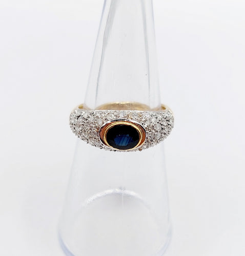 Bague jonc vintage or jaune 18k saphir naturel et pavé de diamant