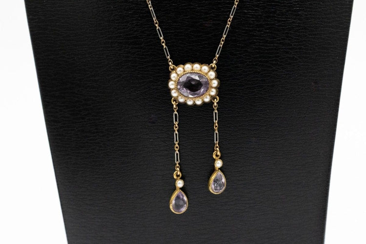 Collier Collier négligée ancien en or jaune 14k avec améthystes et perles 58 Facettes 11725