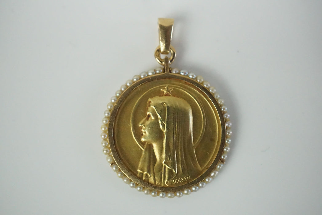 Pendentif Becker - Médaille religieuse Maris Stella en or et perles fines 58 Facettes