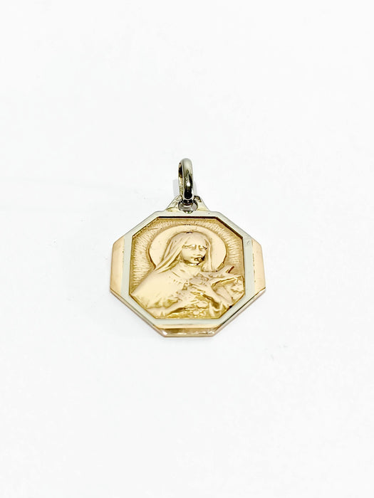 Pendentif Médaille de la vierge en or rose et blanc 58 Facettes