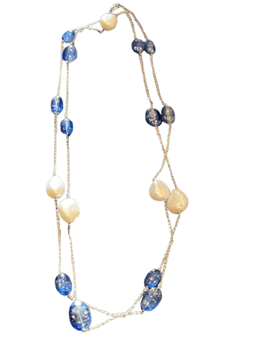 Collier Long sautoir Técla or blanc, perles et saphirs 58 Facettes