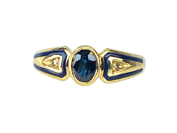 Bague saphir ovale et diamants en or jaune 18 carats et émail