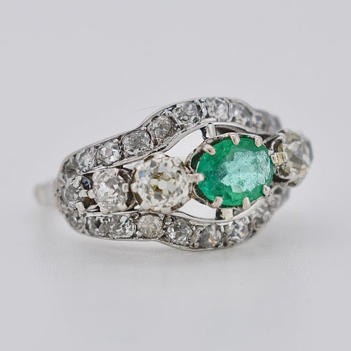 Bague 54 Bague Art-Déco 1930 Platine Emeraude Naturelle et Diamant TA 58 Facettes