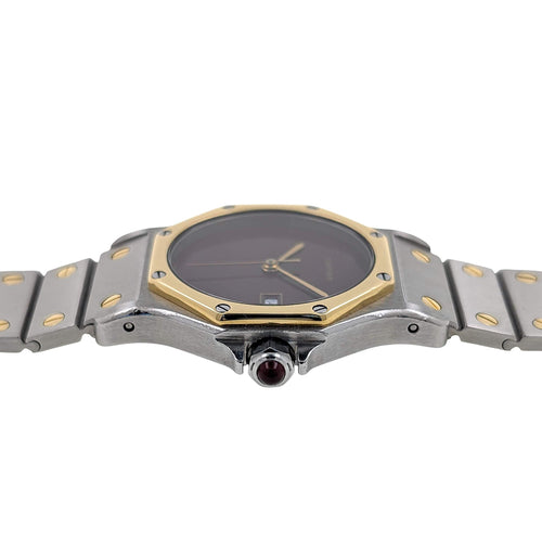 Montre Cartier Santos RARE Santos Round Octagon Date 2966 Burgundy Red Ruby Large Octogonale Gold Stainless 58 Facettes