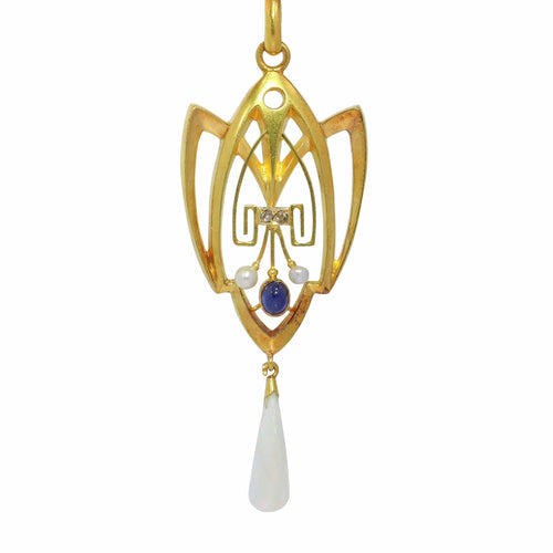 Pendentif Coup de fouet romantique : pendentif Art nouveau avec diamants, saphir et perle rare 58 Facettes 24292-0258