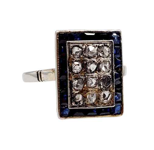 Bague marquise art deco or blanc 18k diamants et saphirs calibrés (circa 1920)
