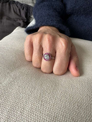 Bague 61 Bague Art Déco en platine, diamant ancien et rubis synthétiques 58 Facettes