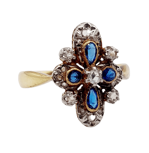 Bague 55 Bague duchesse antique diamants taille roses et pierres bleues en or 18k et platine 58 Facettes A06416