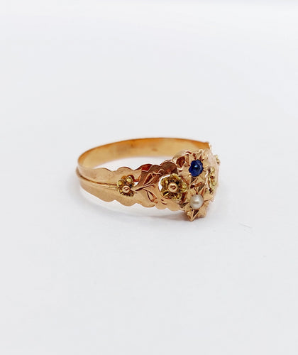 Bague 59 Bague toi et moi antique en or rose 18k perle et pierre bleue 58 Facettes A06505