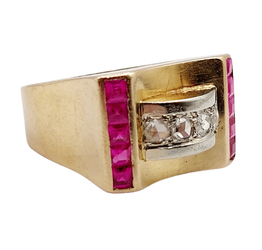 Bague 52 Bague tank Art déco en or rose 18k avec diamants et rubis synthétiques 58 Facettes A06536
