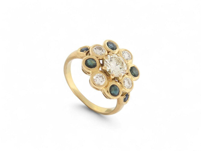 Bague 51 bague marguerite victorienne t51 sertie diamants 1.21ct saphir or jaune 18k 58 Facettes 270500